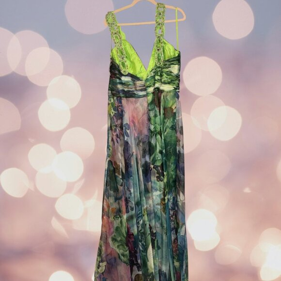 NWT Mac Duggal Cassandra Stone Green Multi Watercolor Chiffon Gown - Picture 8 of 9